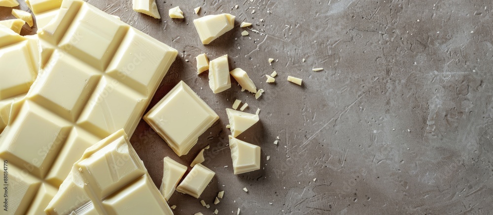 Poster white chocolate displayed on a grey backdrop creating a visually appealing copy space image