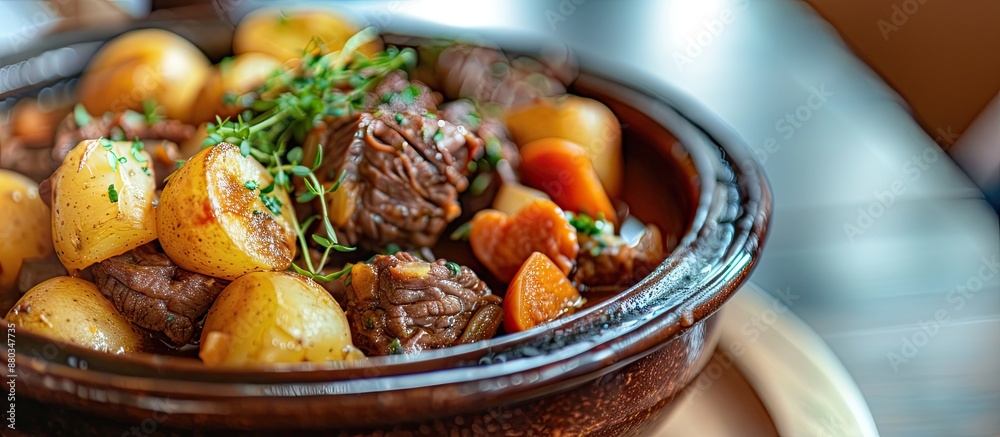 Aufkleber Selective focus on a beef stew dish highlighting potatoes and carrots with a blurred background for a copy space image
