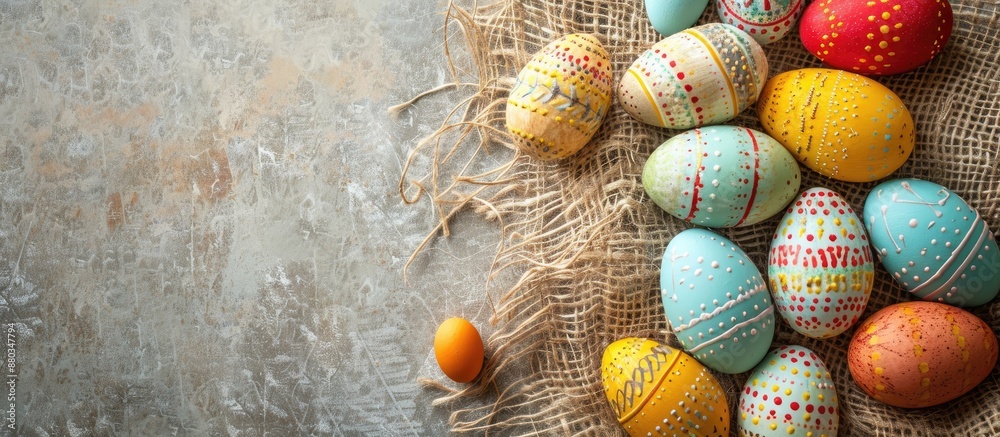 Poster Easter eggs arranged on textured fabric backdrop creating a lovely Easter decor setting with copy space image
