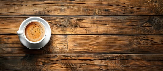 Wooden table with a cup of coffee providing copy space image