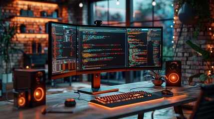 A software engineer debugging code on a large monitor