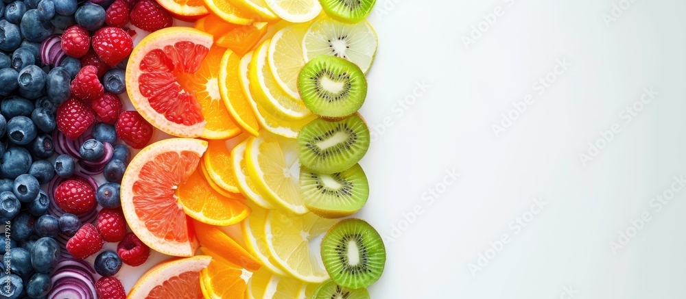 Poster Colorful rainbow stripes made with mixed fruits and slices symbolizing healthy eating room for text in a copy space image