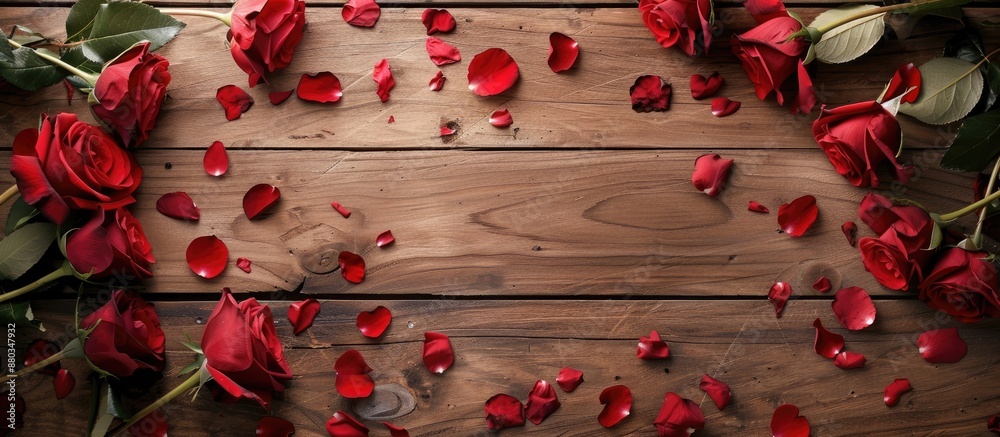Poster Looking down on red roses and petals on a wooden floor with a Valentine s Day theme and available space for adding text or images. with copy space image. Place for adding text or design