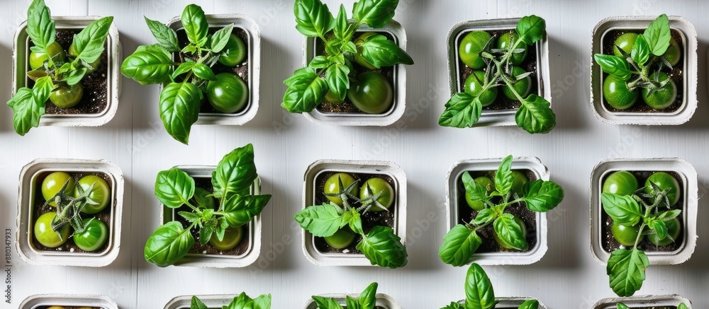Poster A bird s eye view of green tomato seedlings in drawers on a white table ready for planting with ample space for a picture