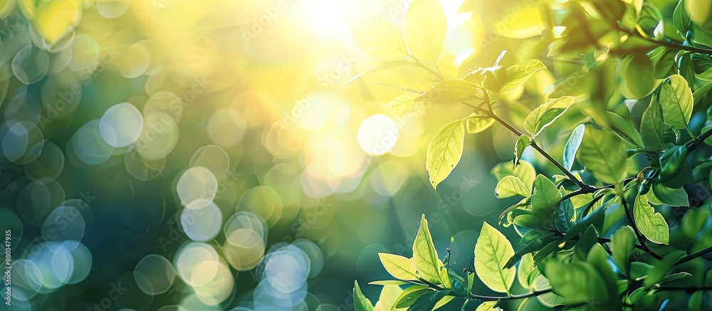 Poster blurry background featuring sunlight shining on green leaves with copy space image