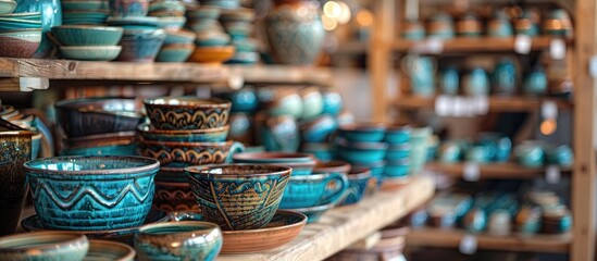 Fototapeta premium A shop specializing in pottery items perfect for finding unique ceramics with a variety of colors shapes and styles with potential copy space image