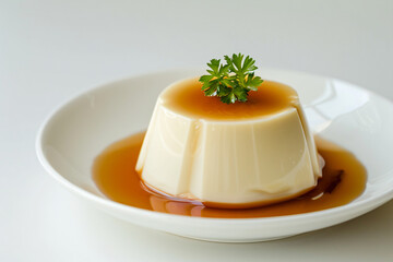 a dessert with caramel sauce and a sprig of parsley