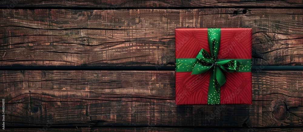Poster A solitary red gift box with a festive green ribbon displayed on a rustic wooden backdrop with ample copy space image