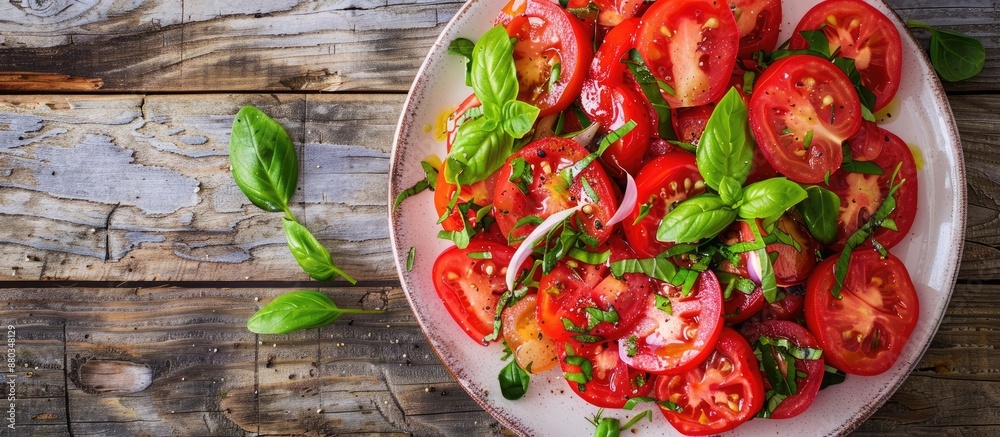Poster fresh tomato salad a vibrant vegetable dish placed on the table with a copy space image for a deligh