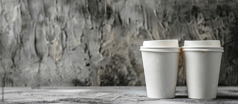 Aufkleber front view of two white takeaway cups of tea or coffee on a concrete surface with a copy space image