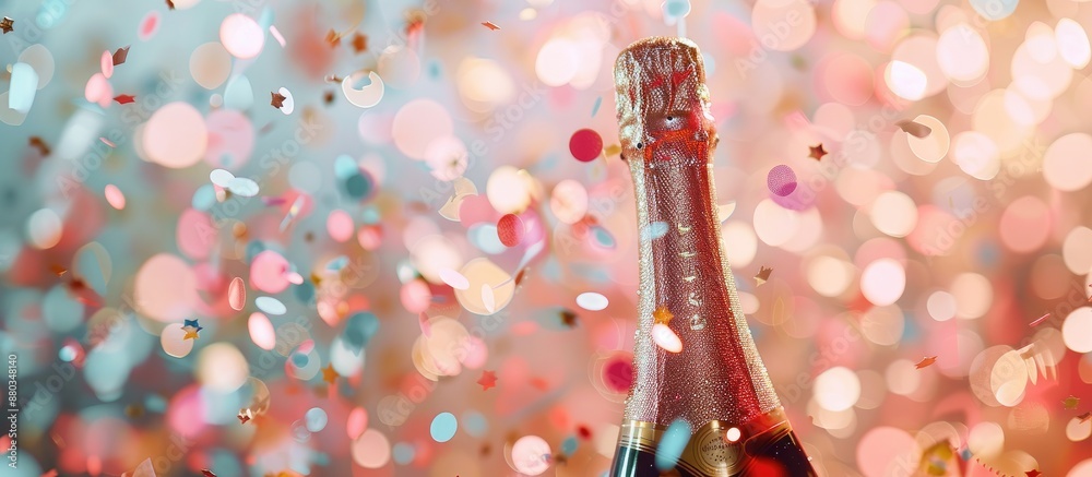 Poster creative concept photo featuring a champagne bottle with confetti in the background providing ample 