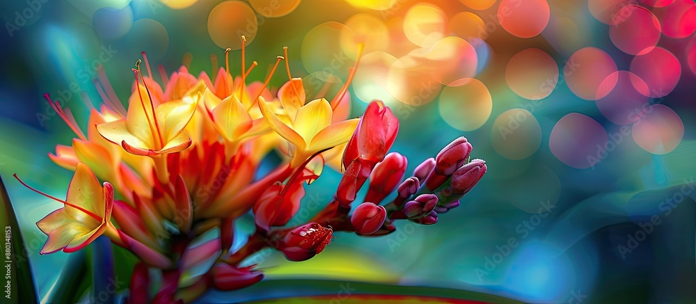 Poster Close up view of a red yellow tropical flower with dark dots against an abstract floral background with copy space image