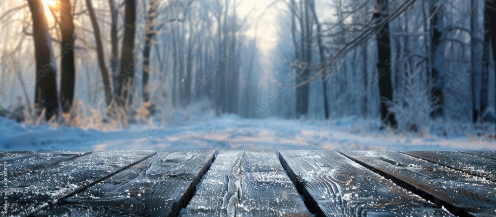 Wall mural blur winter forest background with empty wooden surface perfect for copy space image