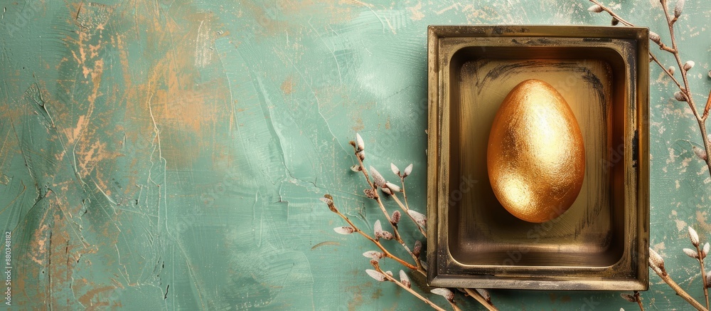 Aufkleber easter themed card displaying a golden egg in a tray with delicate willow branches on a soft green b