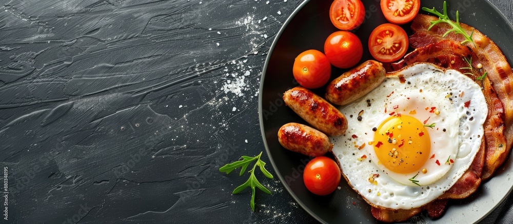 Poster View from the top showing a traditional English breakfast featuring a fried egg tomatoes sausage and bacon with a blank space for added content known as a copy space image