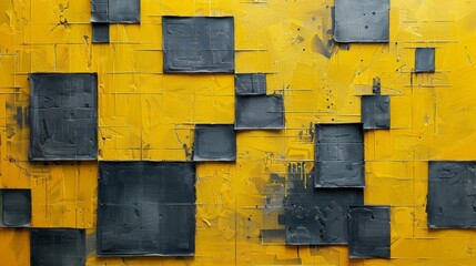 A sophisticated abstract composition with a yellow backdrop and a grid of small squares in various shades of gray The squares form a subtle