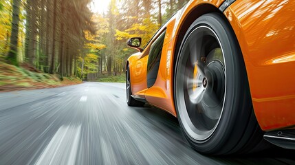 Side view of orange sport car while drive fast on road with background motion blur