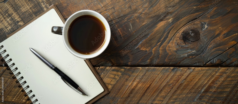 Aufkleber Office desk with coffee pen and notebook from a top view perspective with available copy space image