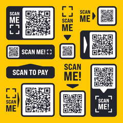 Scan me QR code sticker with text. Online payment. Special offer sale stickers, shopping discount label, promotional badge. Product serial number. Supermarket retail price tag. Vector illustration