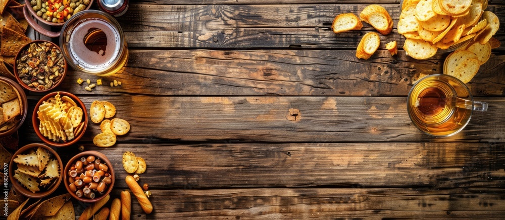 Poster wooden table with lager beer and snacks creating the perfect backdrop for a copy space image
