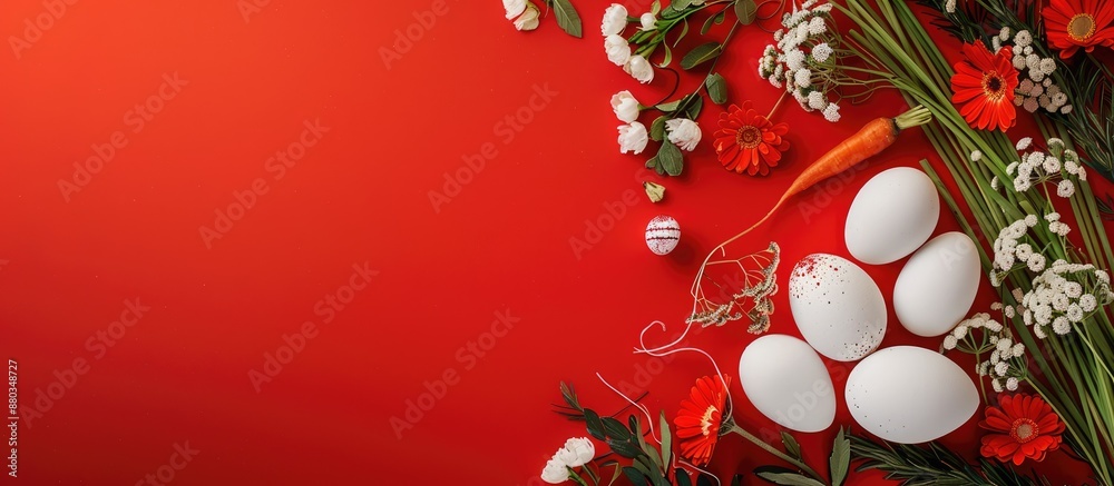 Poster Easter themed greeting card set against a red backdrop with room for text or images featuring white eggs carrots and flowers as decoration. with copy space image. Place for adding text or design