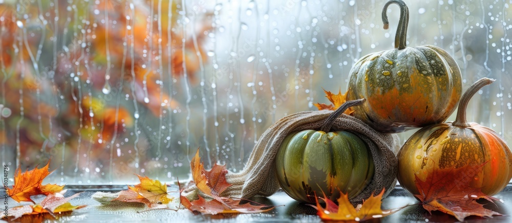 Leinwandbilder autumn still life with a pair of pumpkins adorned with a scarf maple leaves and a rainy window in th
