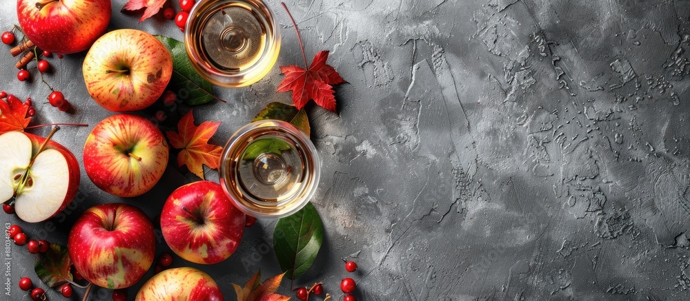 Aufkleber close up view of mouthwatering cider fresh apples and foliage on a gray surface with ample copy spac