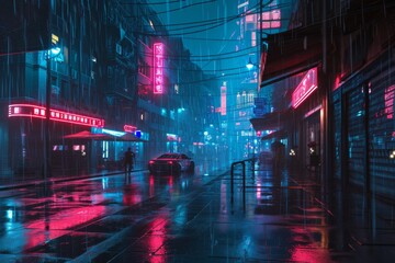 A neon cyberpunk cityscape in the rain, A nighttime city street scene with vibrant neon lights casting a colorful glow on the surrounding buildings, AI generated
