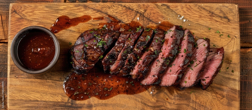 Poster top view of a dry aged wagyu tri tip steak with bbq sauce for dipping showcased on a wooden cutting 