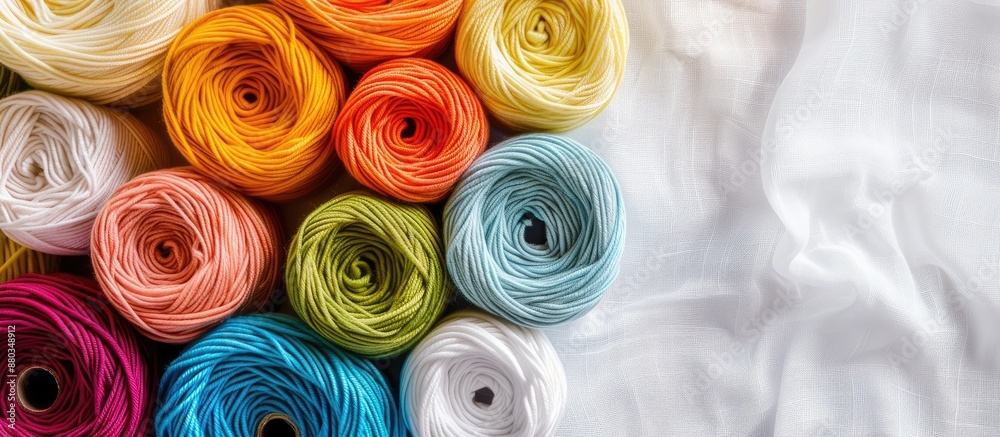 Aufkleber white cotton jersey fabric background with a spool of raw organic cotton yarn in various colors crea