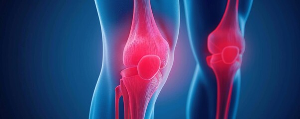 Close-up of a knee with red highlighted ligaments, illustrating torn ACL pain, Knee pain, detailed anatomy