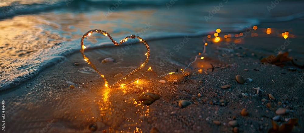 Poster heart shaped made of led lights on the beach sand with copy space image