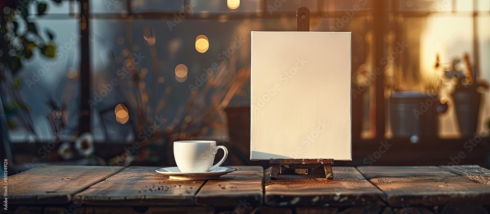 Poster concept of a blank canvas a stand and a coffee cup arranged on a wooden table against a morning back