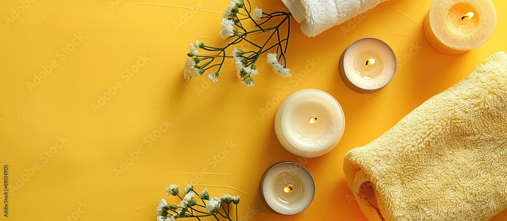 Aufkleber a spa themed flat lay arrangement with scented candles towel and lotion on a bright yellow surface p