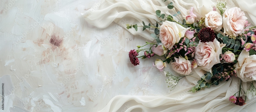 Aufkleber Flat lay with guest list and lovely flowers on a light textured backdrop offering copy space image