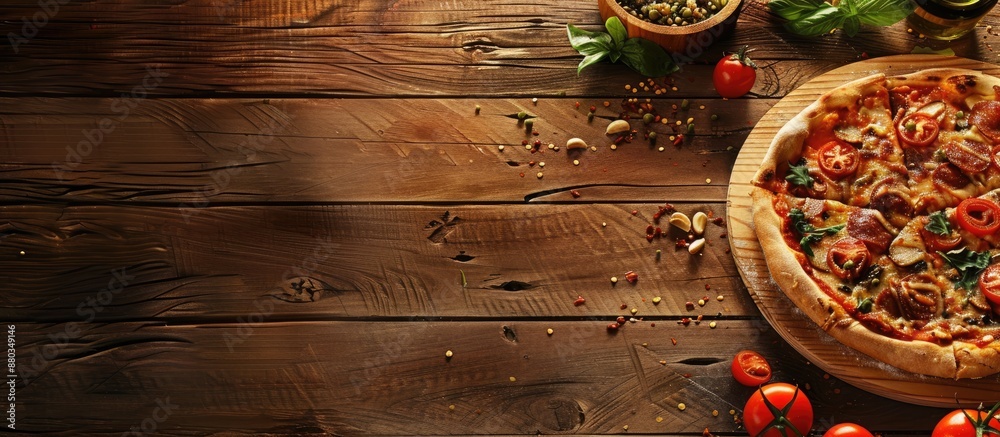 Poster wooden table with a delicious fresh pizza on a brown background providing ample copy space image
