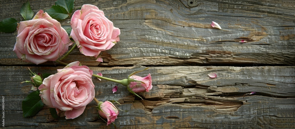 Poster an antique valentine card concept featuring pink roses on a weathered wooden surface with room for t