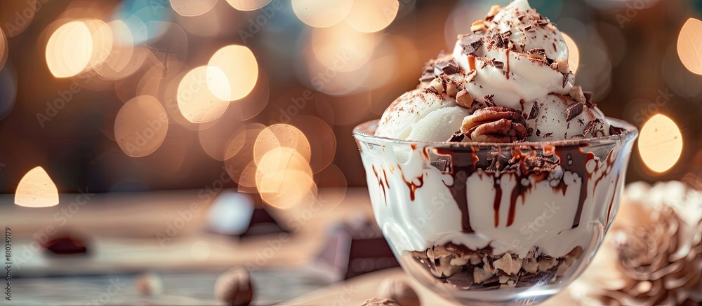 Aufkleber Close up of a glass bowl filled with ice cream dessert topped with chocolate and nuts on a wooden background with bokeh creating space for additional images