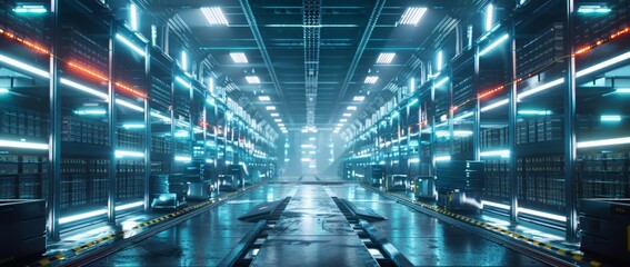 Inside the industrial warehouse of the future Neon lights illuminate an advanced storage solution.