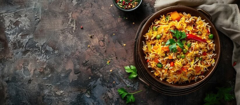 Delicious Indian vegetarian biryani dish with a copy space image
