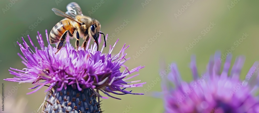 Poster A bee hovering over a purple flower gathering pollen and nectar with copy space image