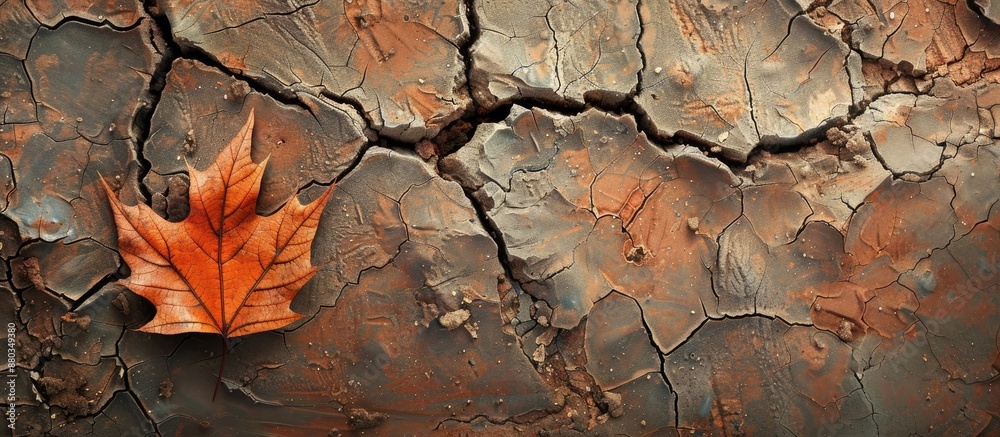 Poster Dry cracked mud with a leaf creating a rustic ambiance in a serene setting with the potential for adding text or images within the open space. with copy space image. Place for adding text or design