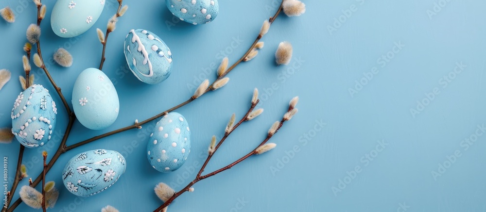 Poster top view of a blue background with willow branch and decorative easter eggs perfect for a copy space