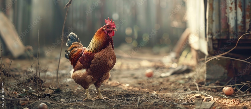 Poster a chicken roams freely in an outdoor setting with copy space image