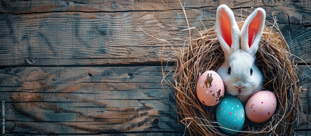 Poster Easter themed minimal flat lay with a nest colored eggs and rabbit ears on a wooden background with copy space image