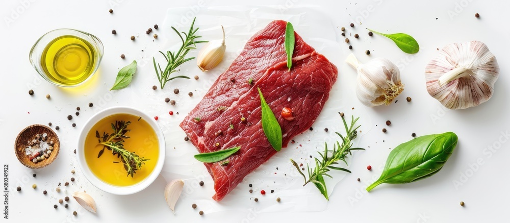 Poster raw flank beef steak and ingredients ideal for cooking isolated on a white background in a copy spac