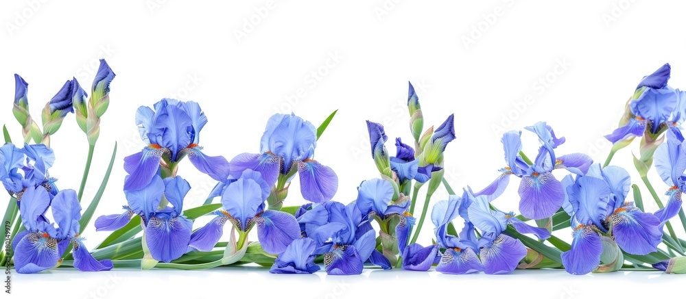 Poster Blue irises in full bloom set on a white backdrop with clipping path for a copy space image
