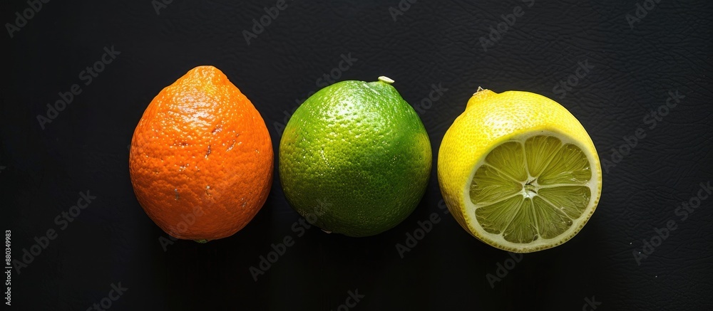 Poster Top down view of lime orange and lemon on a black background offering copy space image without any Photoshop alterations