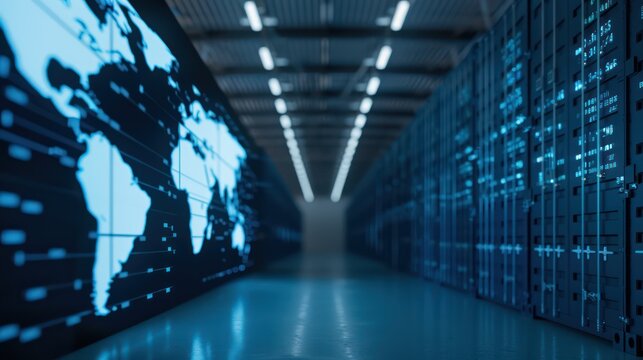 Holographic map of global shipping routes in a modern logistics center