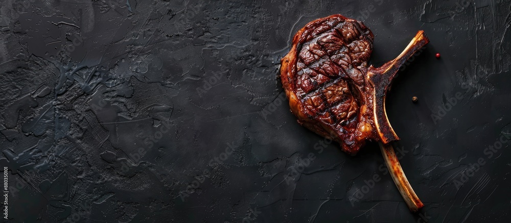 Leinwandbilder top view of a bbq grilled tomahawk veal steak on a butcher table with a black background ideal for a